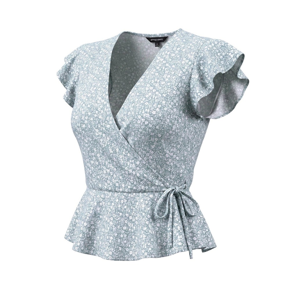 Style Envy Womens Sage Green Floral Wrap Peplum Blouse Flutter Sleeve NWT L